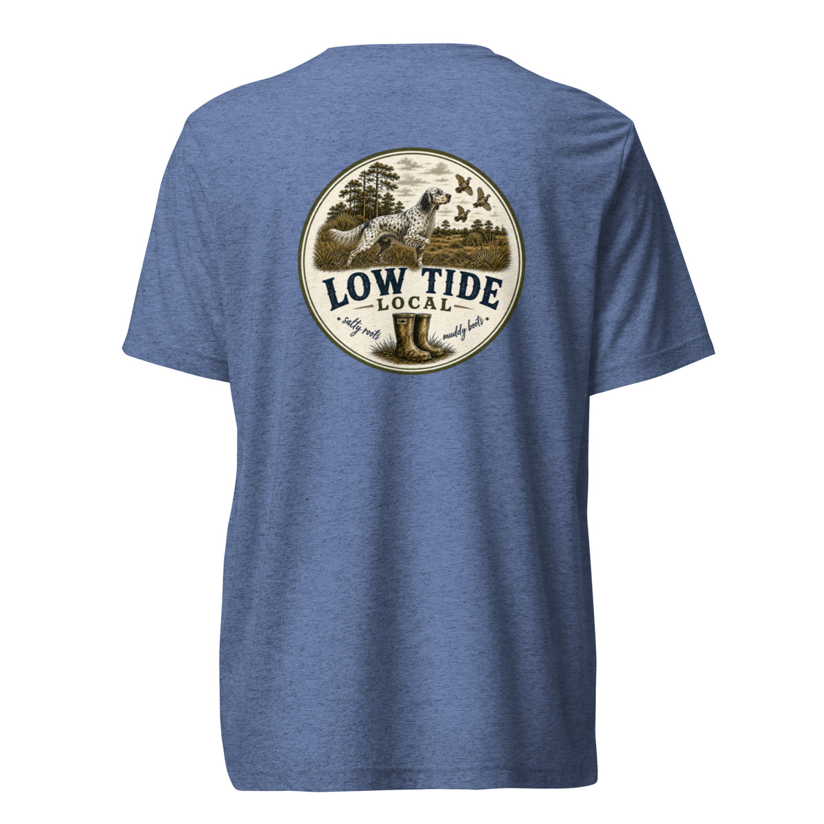Low Tide Local Setter's Stand Tee in Blue triblend — back view