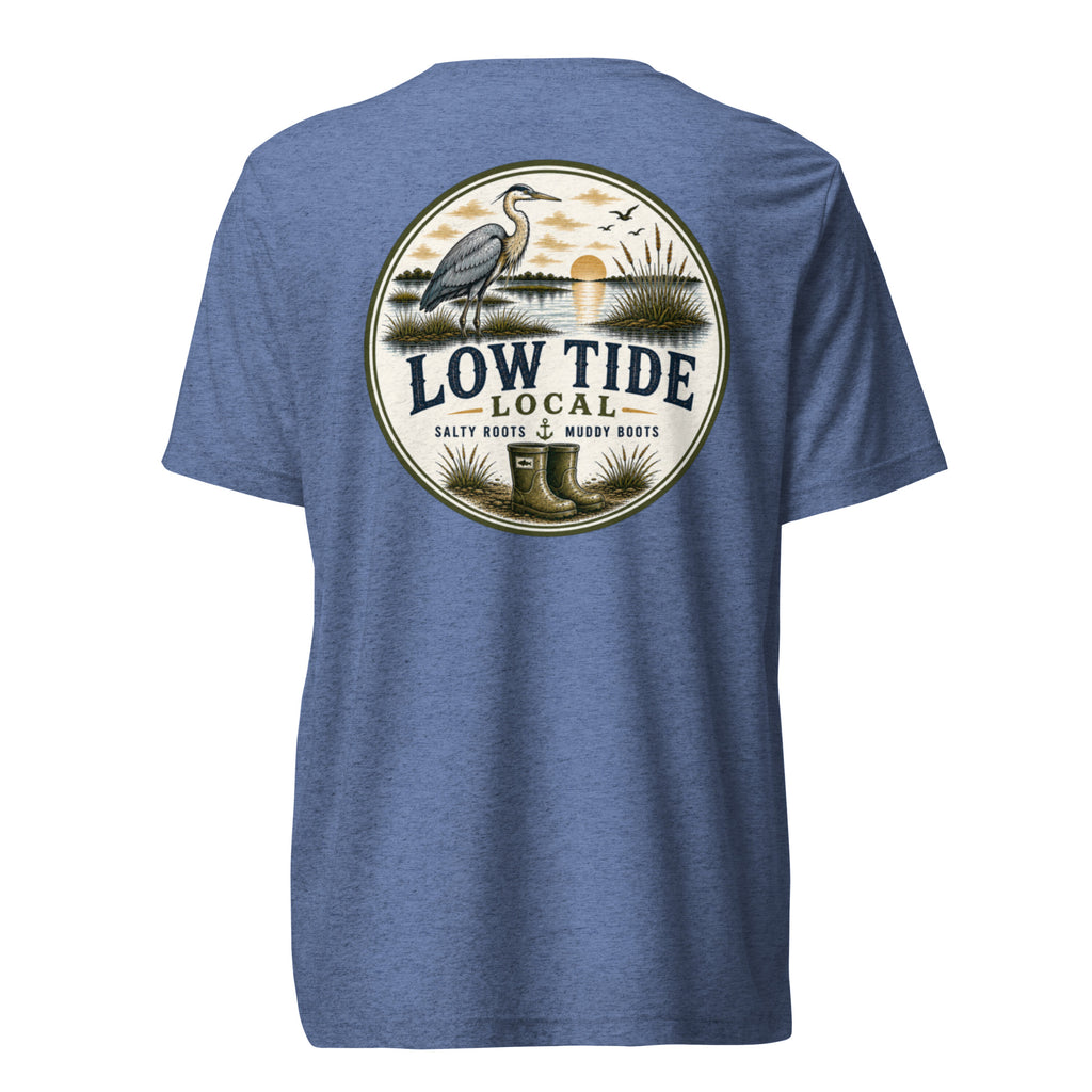 Low Tide Local Heron Tee in Blue triblend — back view