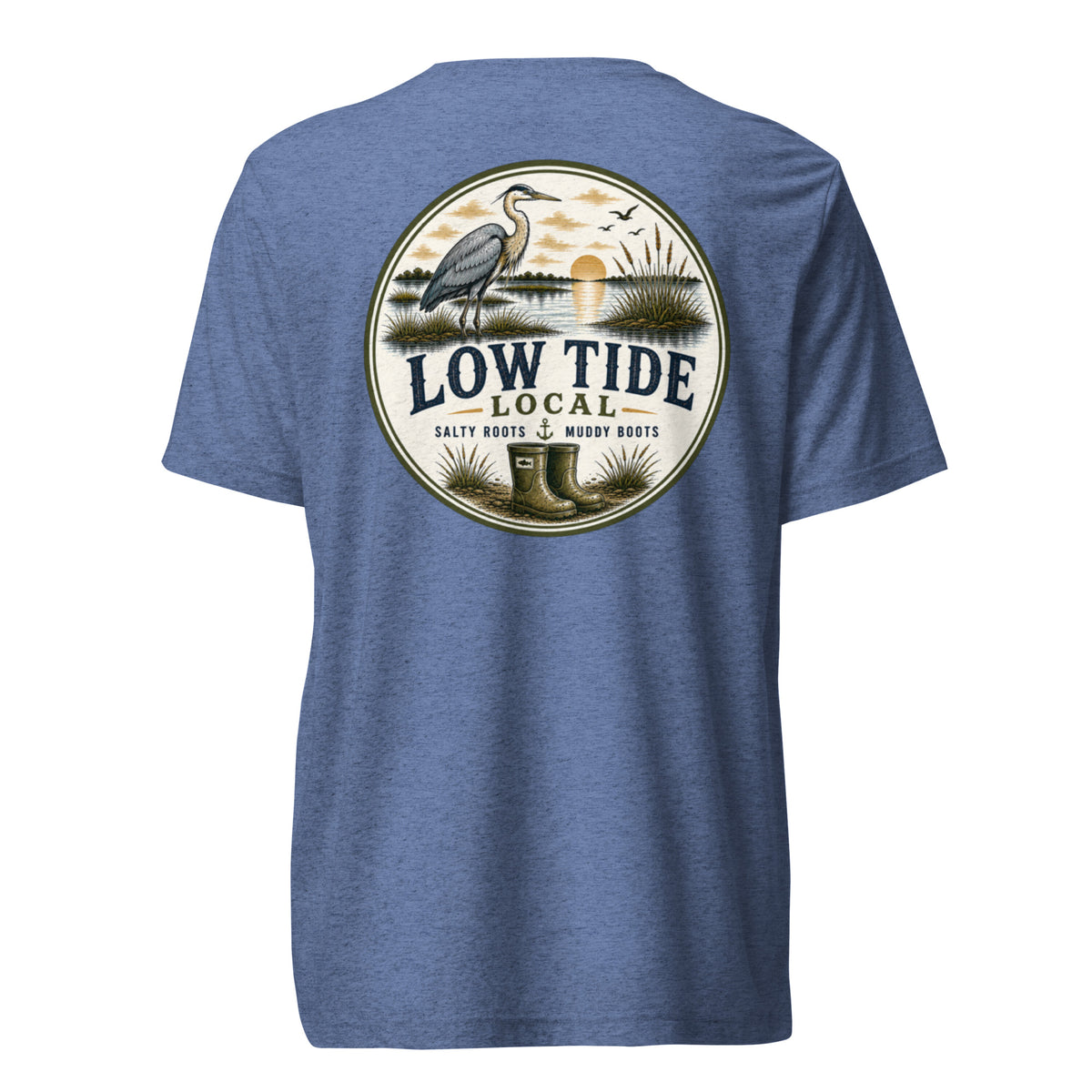 Low Tide Local Heron Tee in Blue triblend — back view