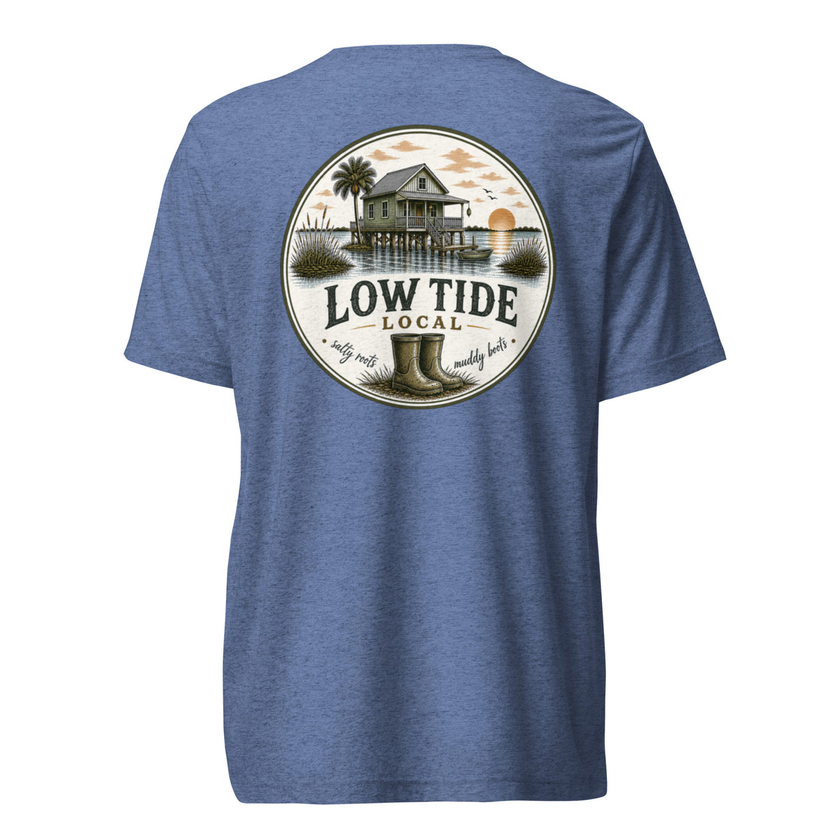 Low Tide Local Fish Camp Tee in Blue triblend — back view