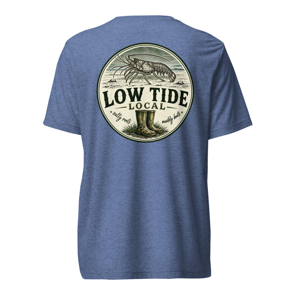Low Tide Local Spiny Lobster Tee in Blue triblend — back view