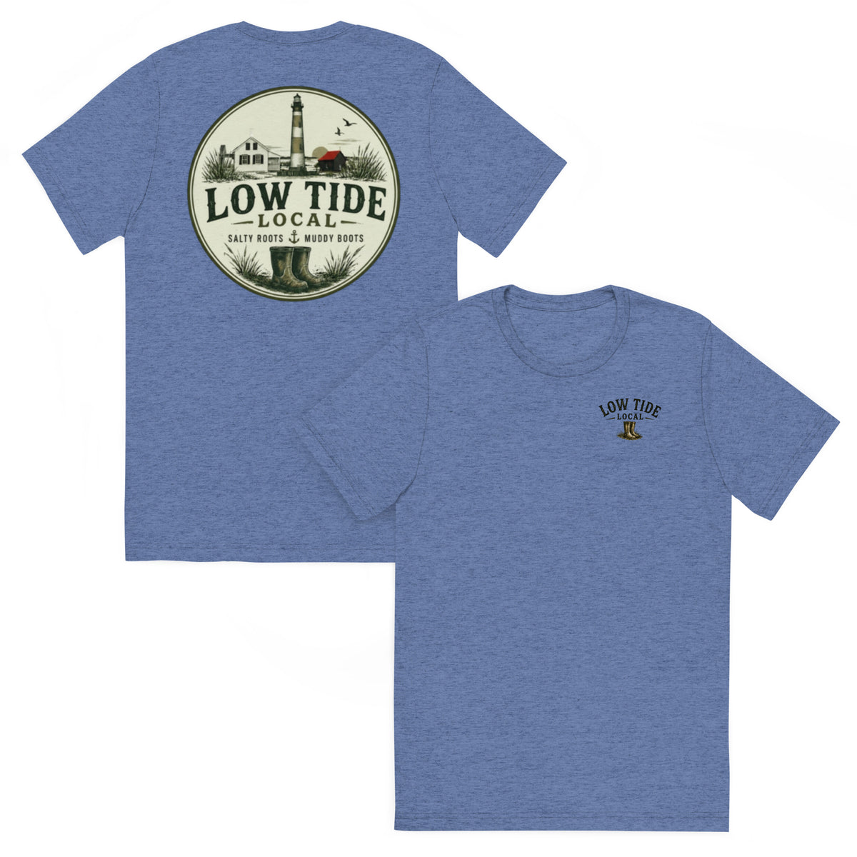Tybee Island Lighthouse Tee in Blue triblend — front and back view