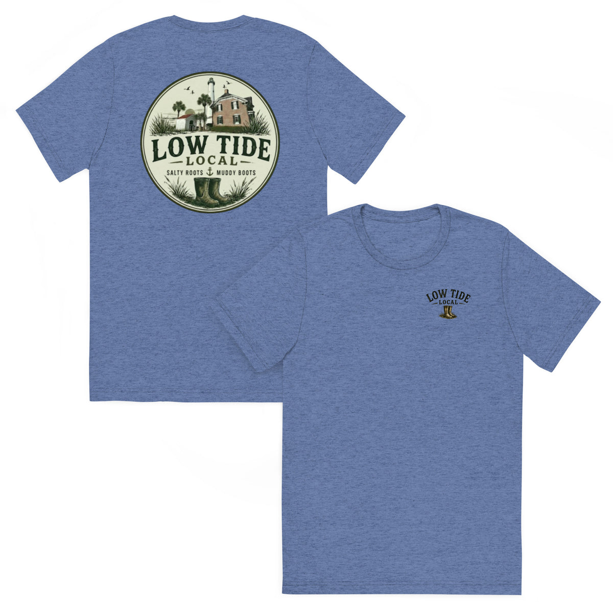 St. Simons Island Lighthouse Tee in Blue triblend — front and back view