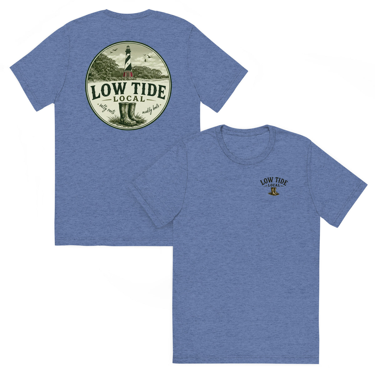 Cape Hatteras Lighthouse Tee in Blue triblend — front and back view