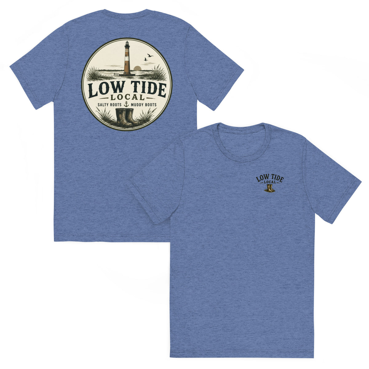 Morris Island Lighthouse Tee in Blue triblend — front and back view