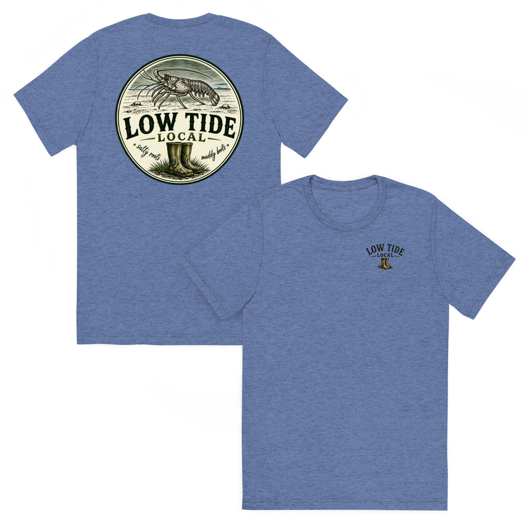 Low Tide Local Spiny Lobster Tee in Blue triblend — front and back view