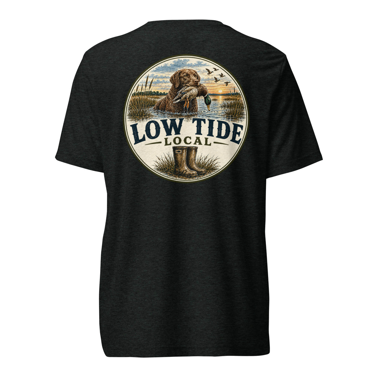 Low Tide Local Boykin Watch Tee in Charcoal Black triblend — back view