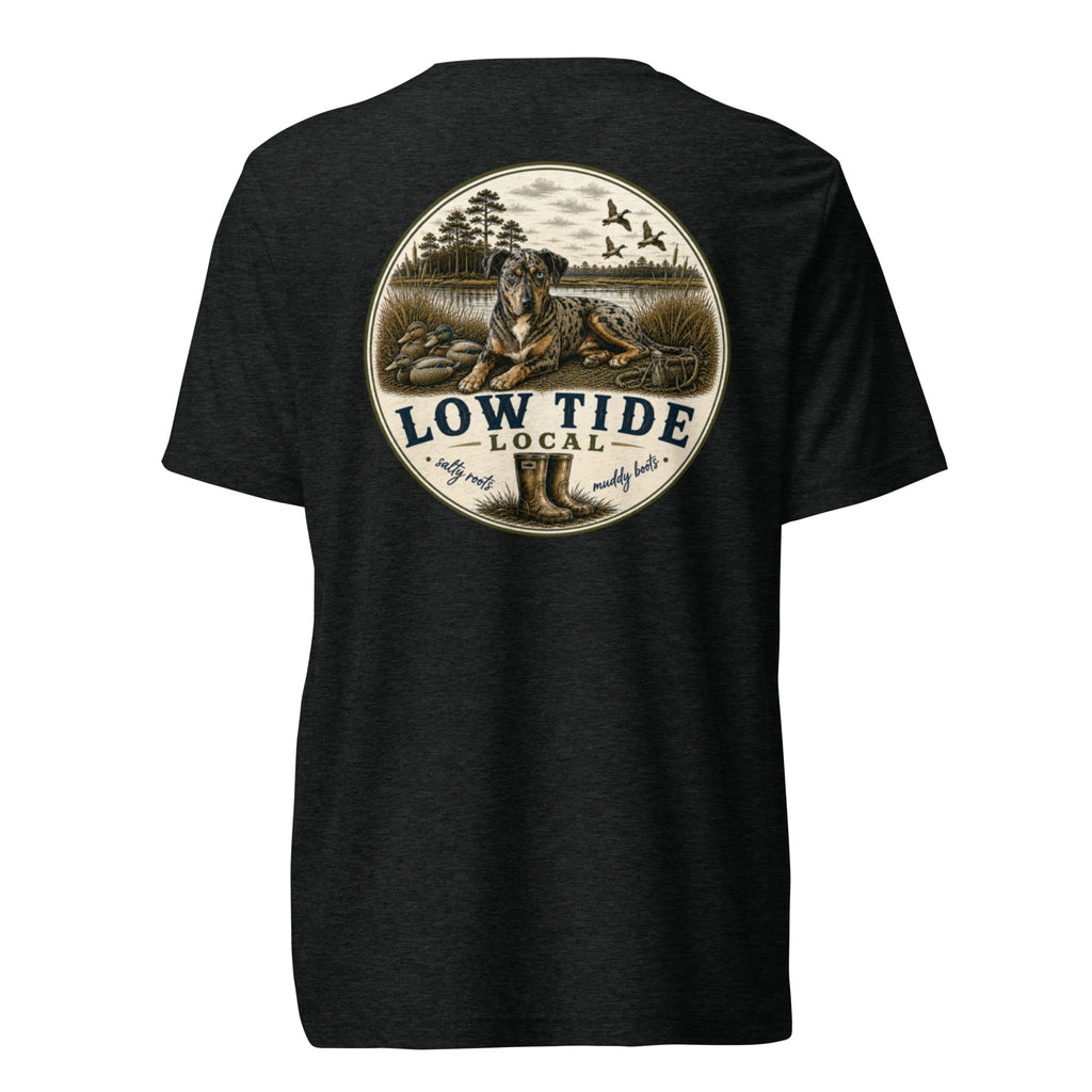 Low Tide Local Catahoula Tee in Charcoal Black triblend — back view