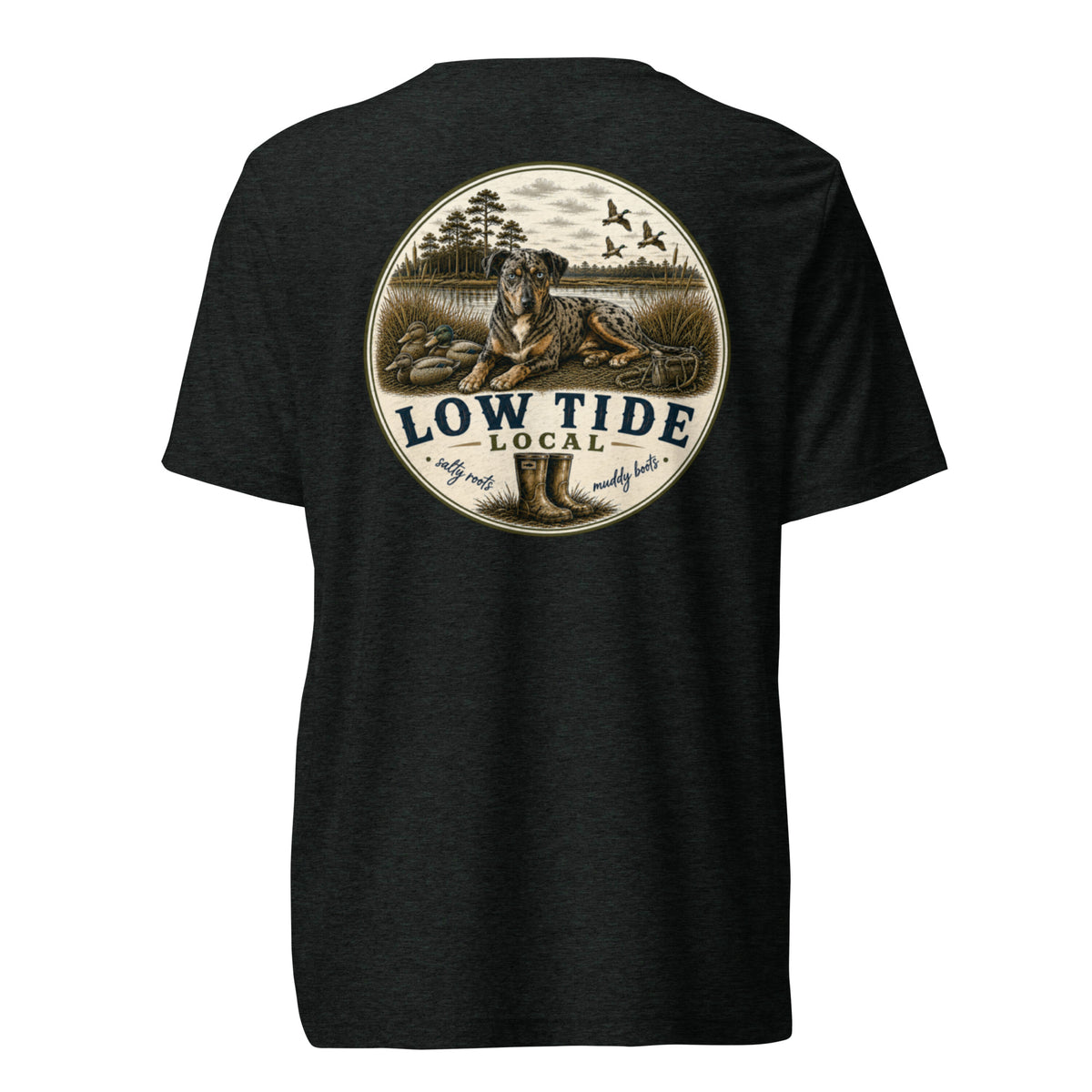 Low Tide Local Catahoula Tee in Charcoal Black triblend — back view