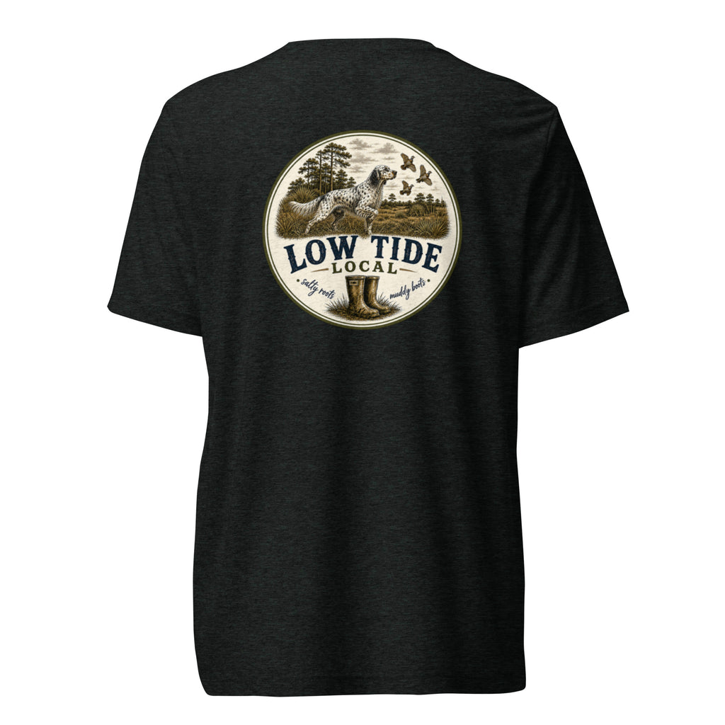 Low Tide Local Setter's Stand Tee in Charcoal Black triblend — back view