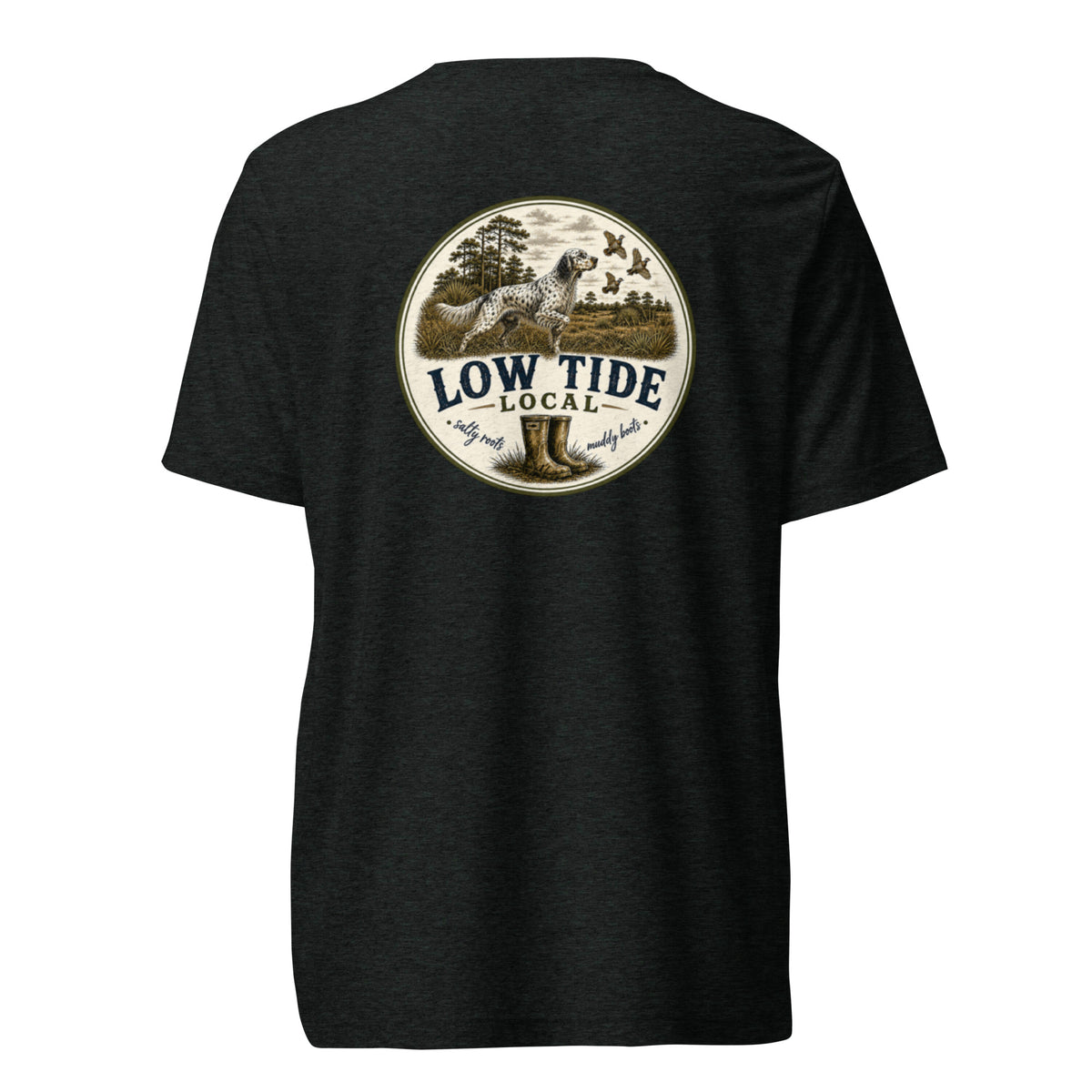 Low Tide Local Setter's Stand Tee in Charcoal Black triblend — back view