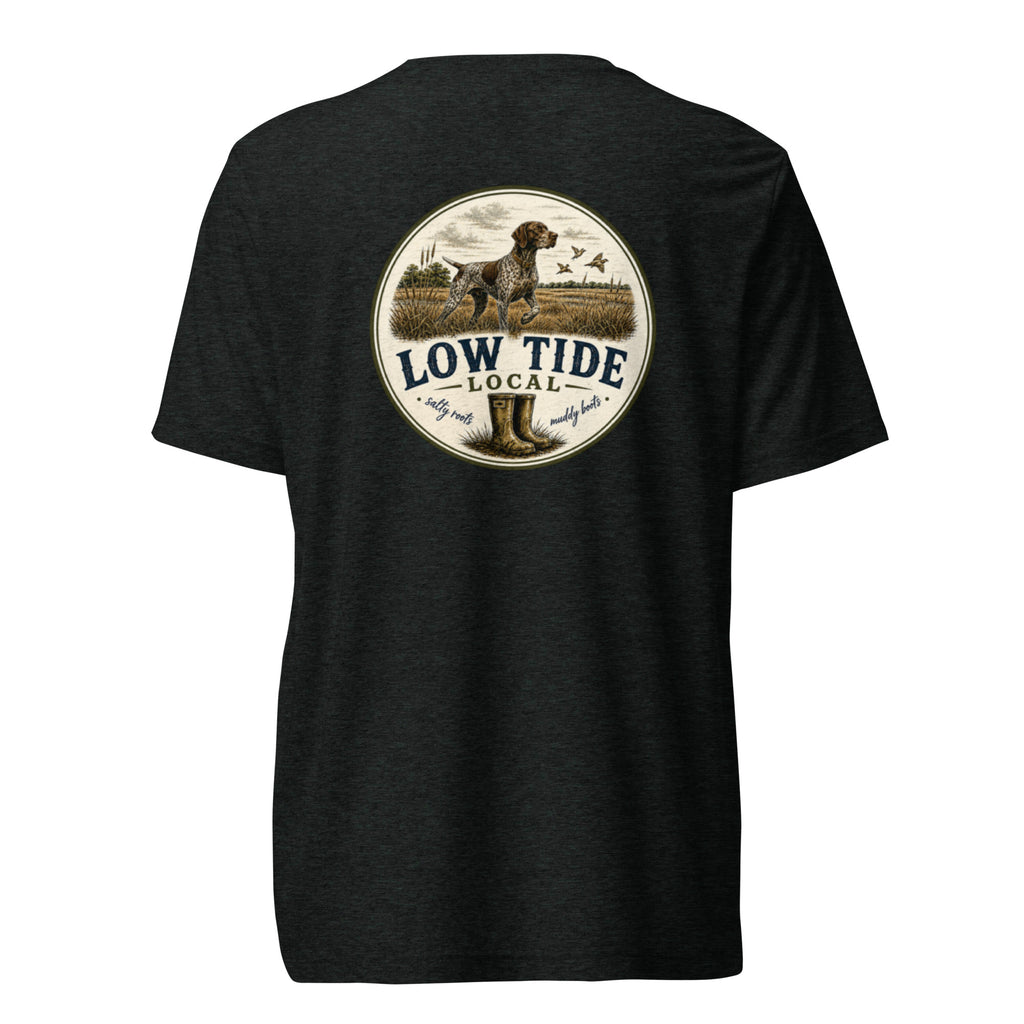 Low Tide Local Shorthair Pointer Tee in Charcoal Black triblend — back view
