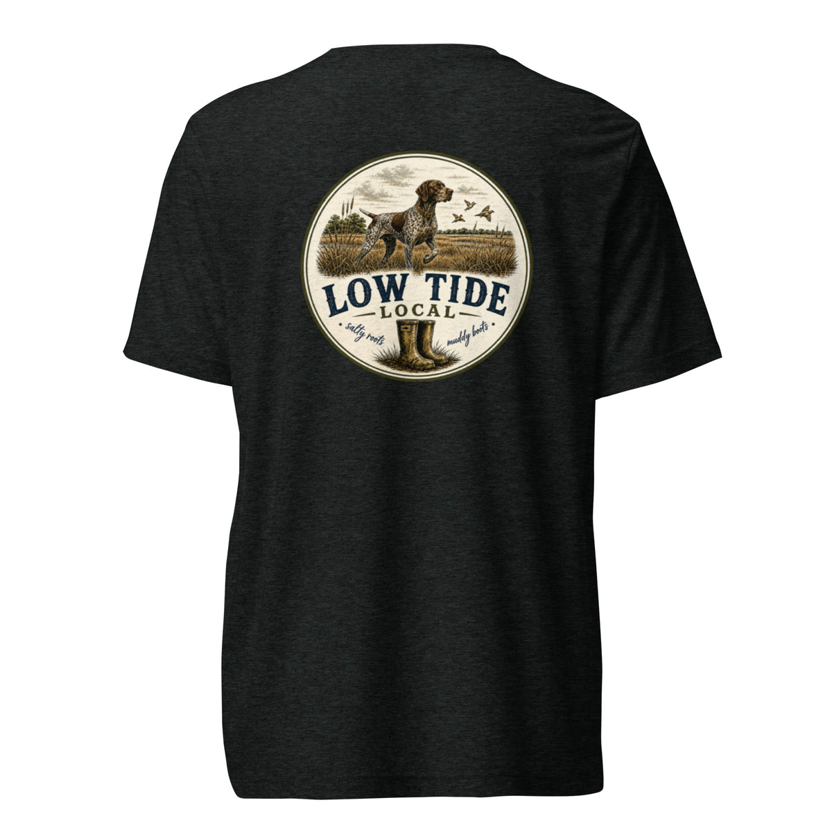 Low Tide Local Shorthair Pointer Tee in Charcoal Black triblend — back view