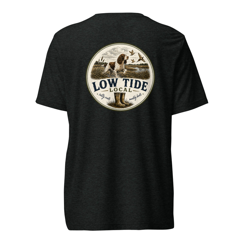 Low Tide Local Springer Flush Tee in Charcoal Black triblend — back view