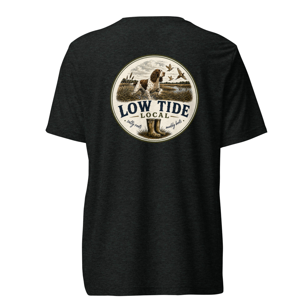 Low Tide Local Springer Flush Tee in Charcoal Black triblend — back view