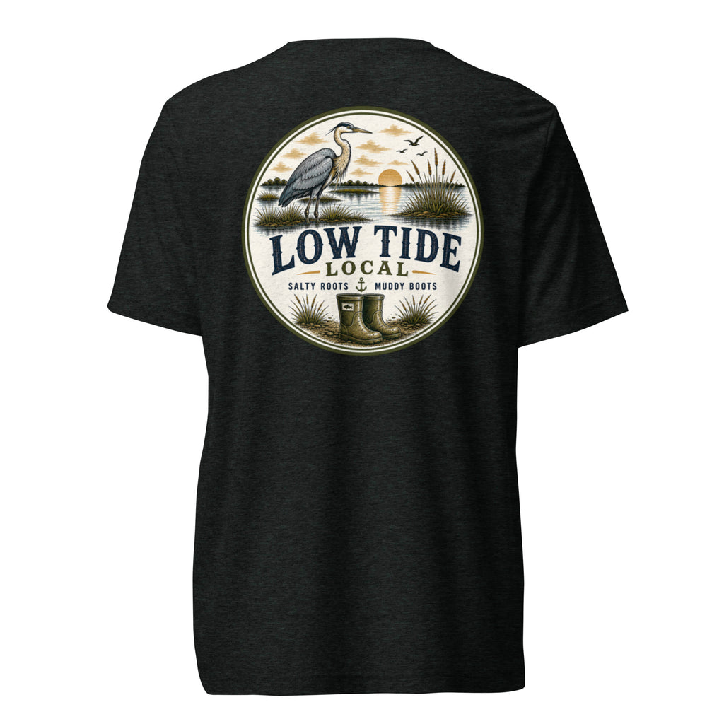 Low Tide Local Heron Tee in Charcoal Black triblend — back view