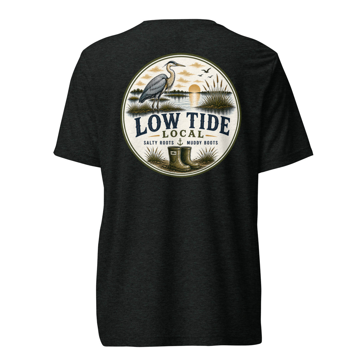 Low Tide Local Heron Tee in Charcoal Black triblend — back view