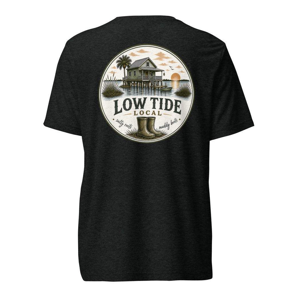 Low Tide Local Fish Camp Tee in Charcoal Black triblend — back view