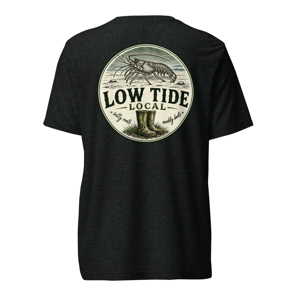 Low Tide Local Spiny Lobster Tee in Charcoal Black triblend — back view