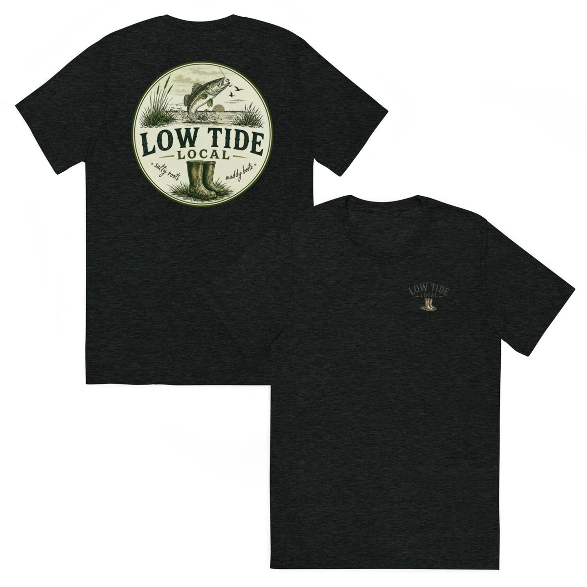 Low Tide Local Speckled Trout Tee in Charcoal Black triblend — front and back view