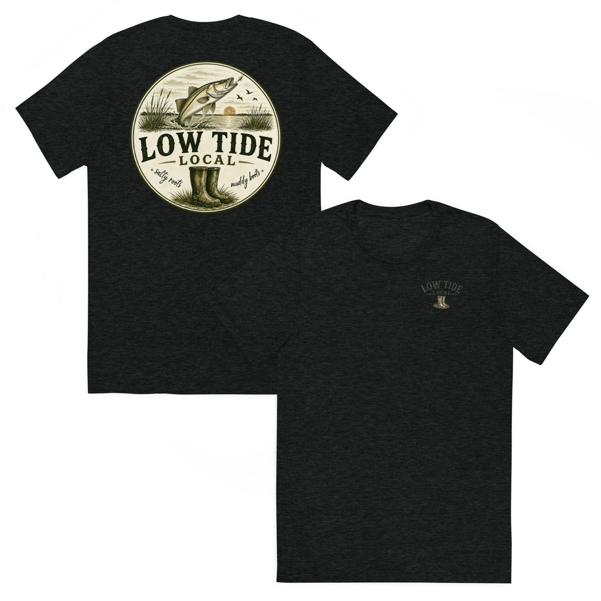 Low Tide Local Snook Strike Tee in Charcoal Black triblend — front and back view