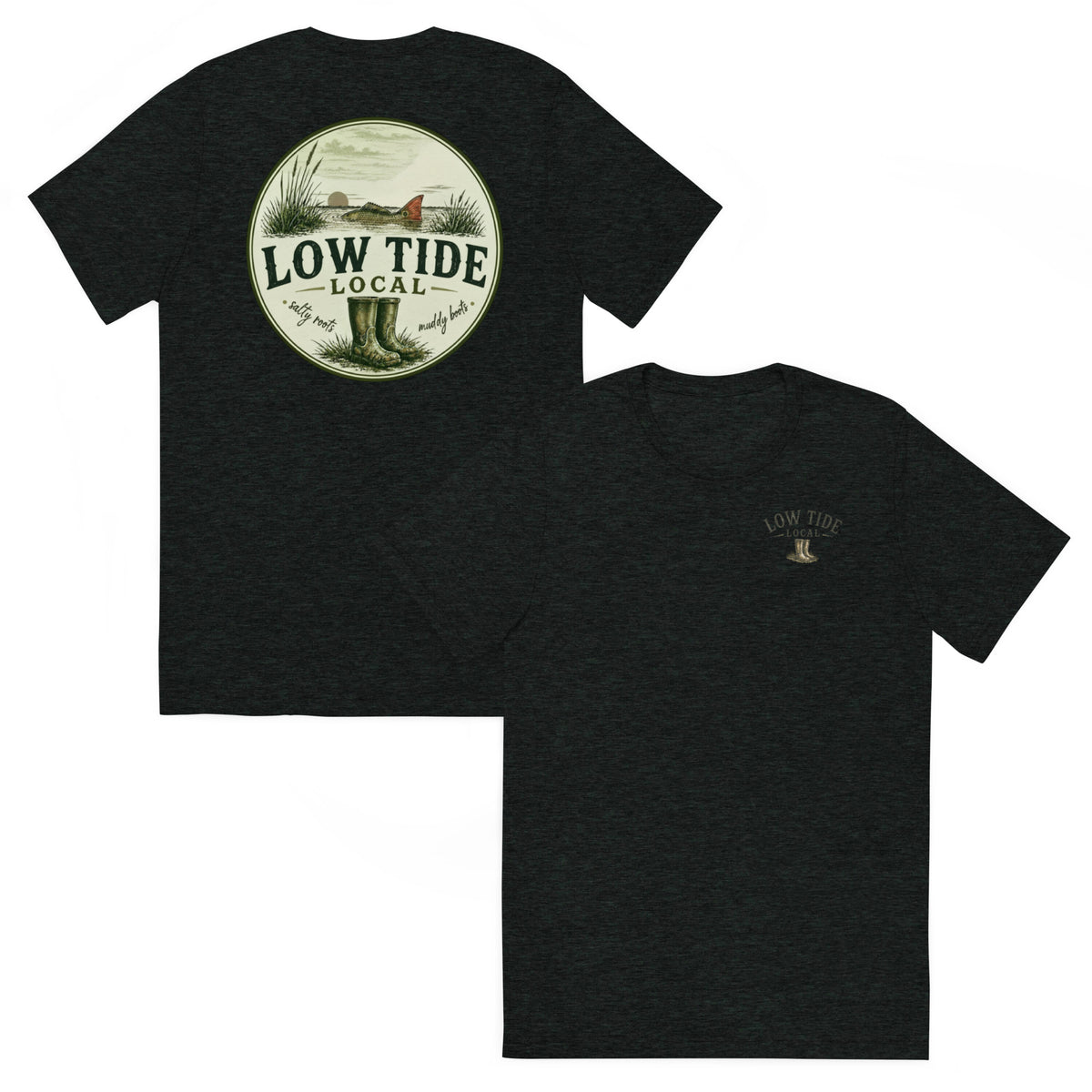 Low Tide Local Backcountry Red Tee in Charcoal Black triblend — front and back view