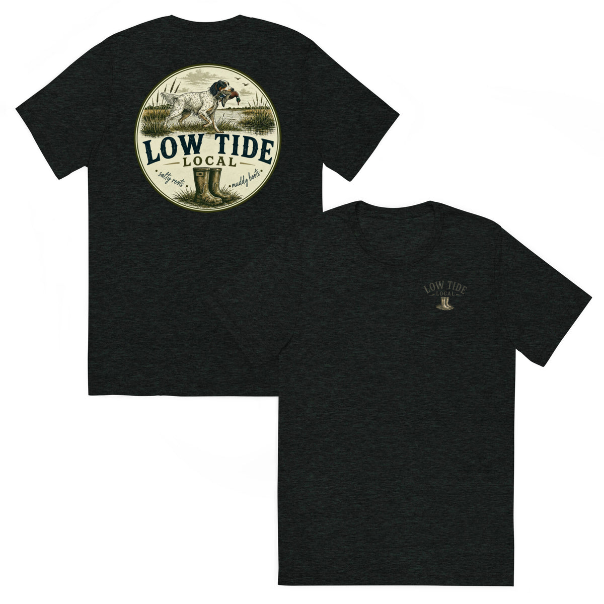 Low Tide Local English Setter Tee in Charcoal Black triblend — front and back view