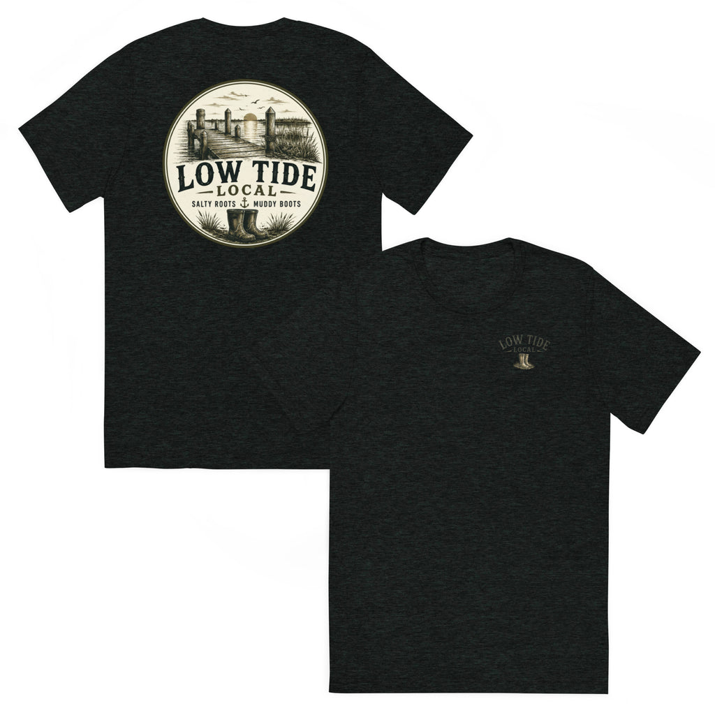Low Tide Local Marsh Pointer Tee in Charcoal Black triblend — front and back view