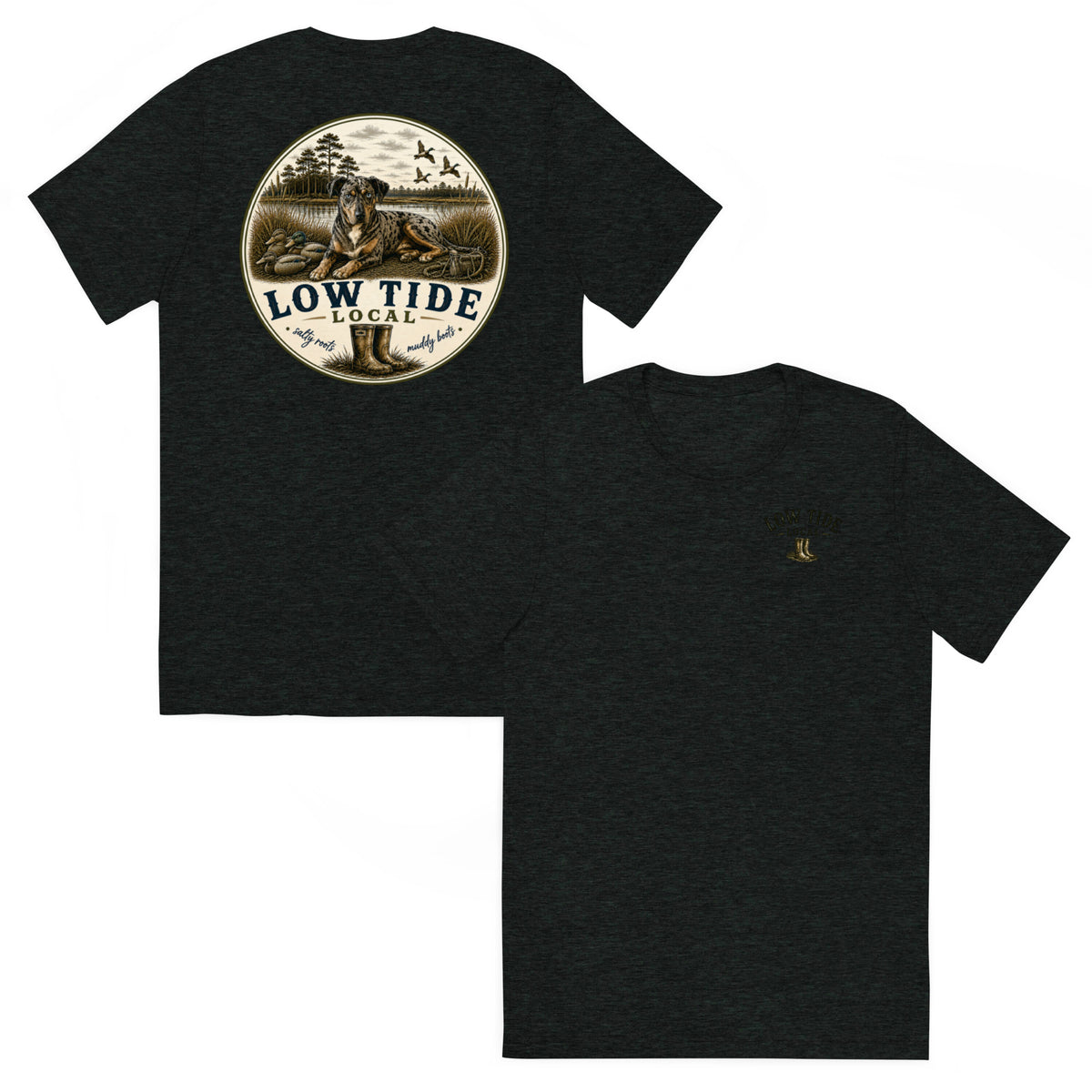 Low Tide Local Catahoula Tee in Charcoal Black triblend — front and back view
