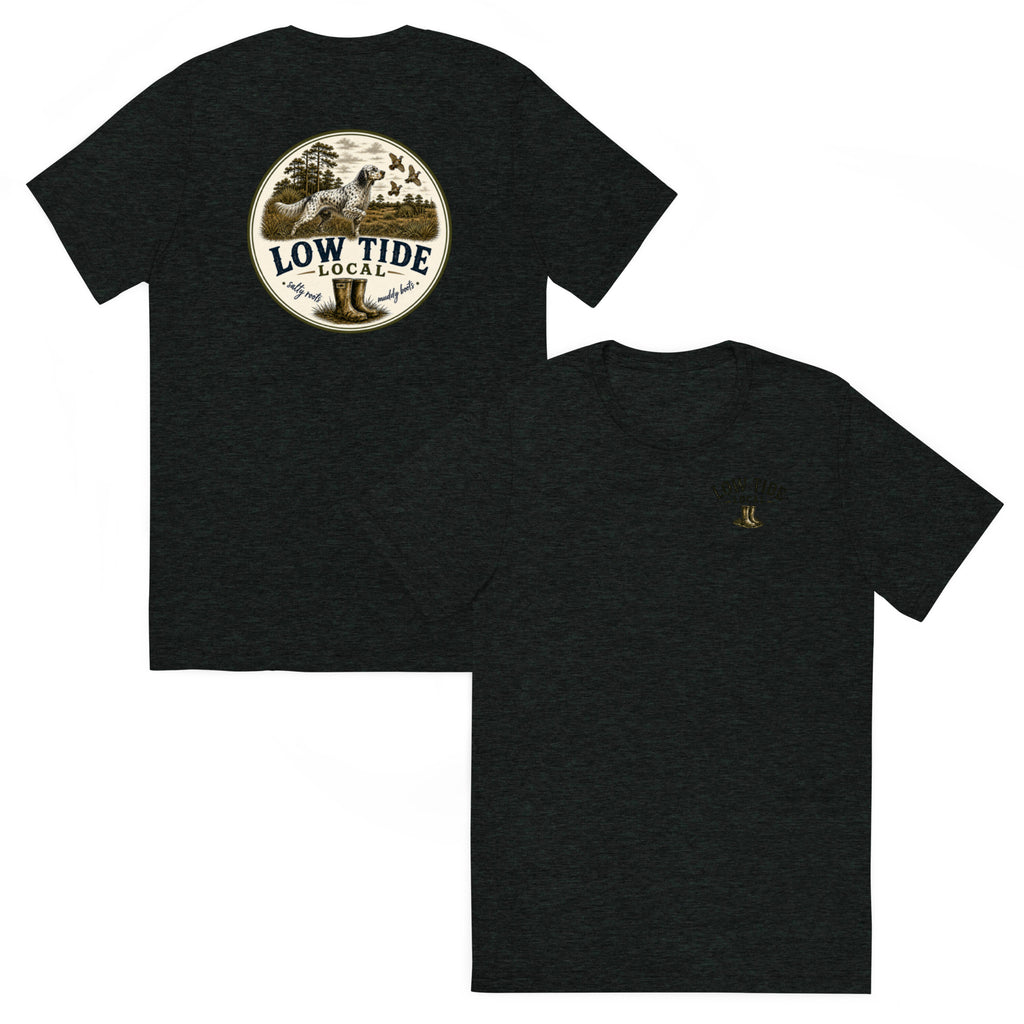 Low Tide Local Setter's Stand Tee in Charcoal Black triblend — front and back view