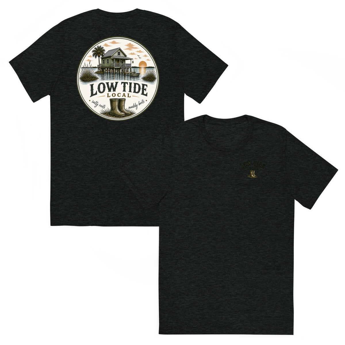 Low Tide Local Fish Camp Tee in Charcoal Black triblend — front and back view