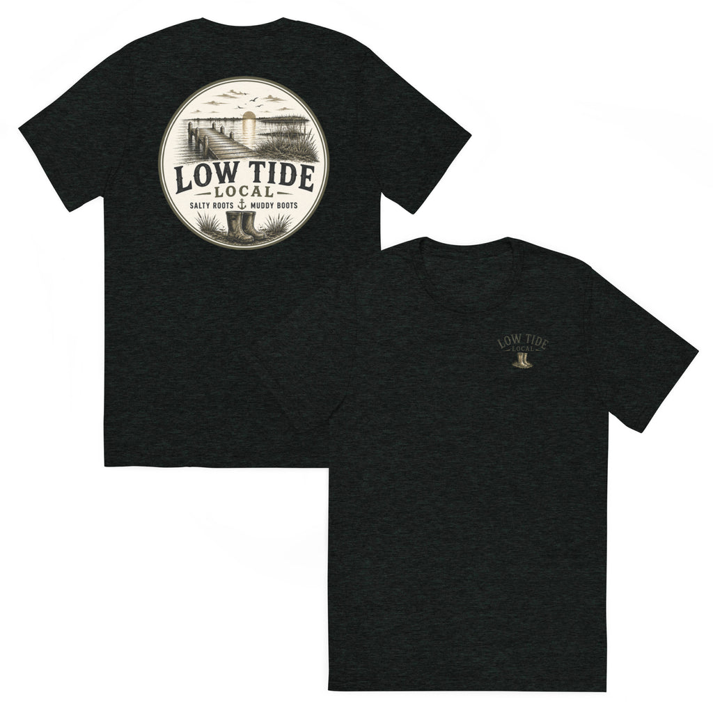Low Tide Local Marsh Dock Tee in Charcoal Black triblend — front and back view