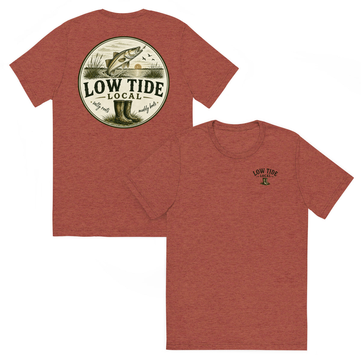 Low Tide Local Snook Strike Tee in Clay triblend — front and back view