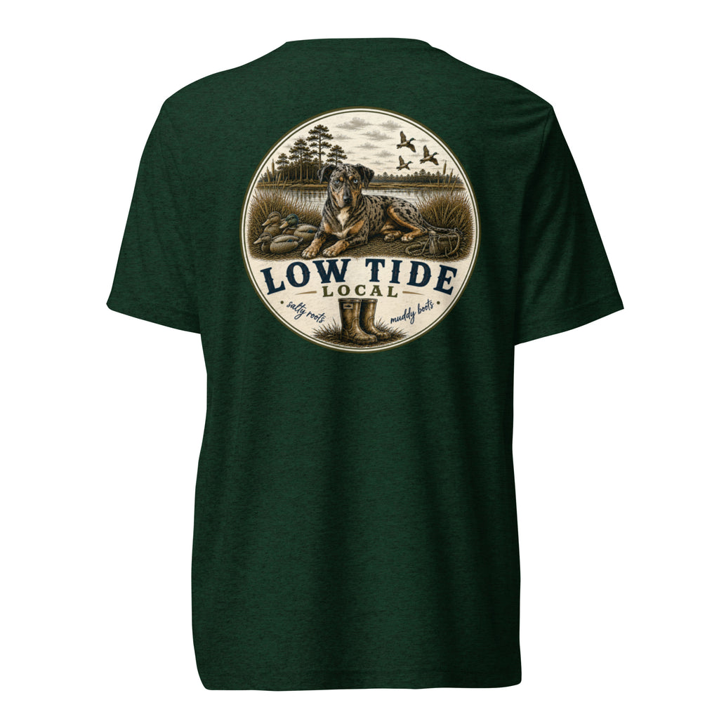 Low Tide Local Catahoula Tee in Emerald triblend — back view