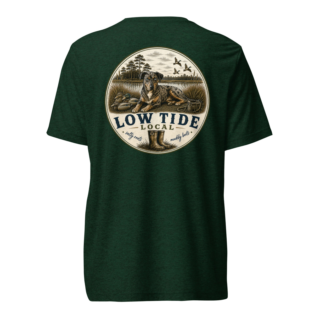 Low Tide Local Catahoula Tee in Emerald triblend — back view