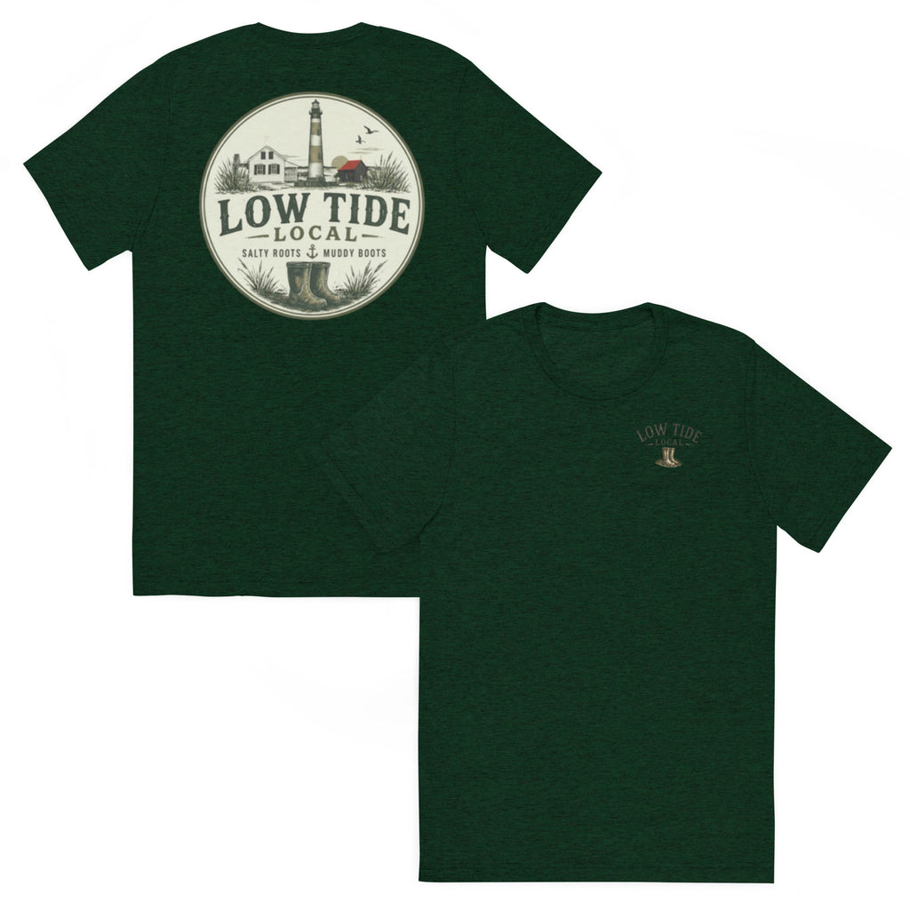 Tybee Island Lighthouse Tee in Emerald triblend — front and back view