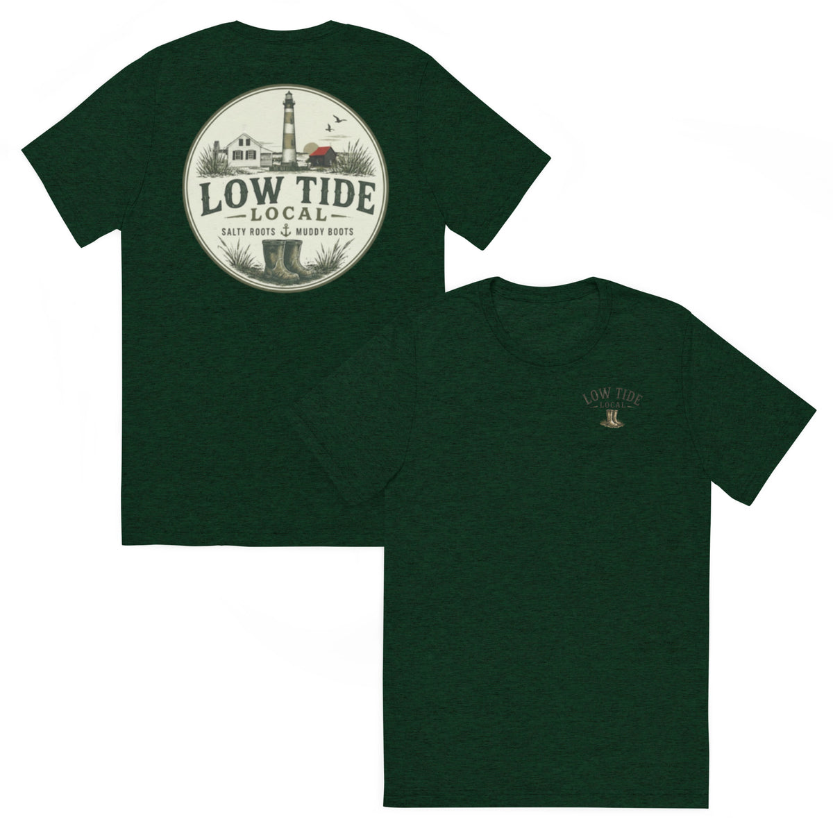 Tybee Island Lighthouse Tee in Emerald triblend — front and back view