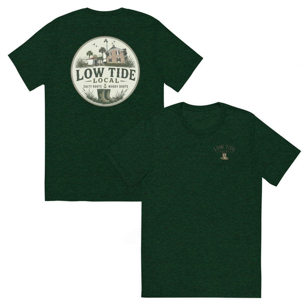 St. Simons Island Lighthouse Tee in Emerald triblend — front and back view