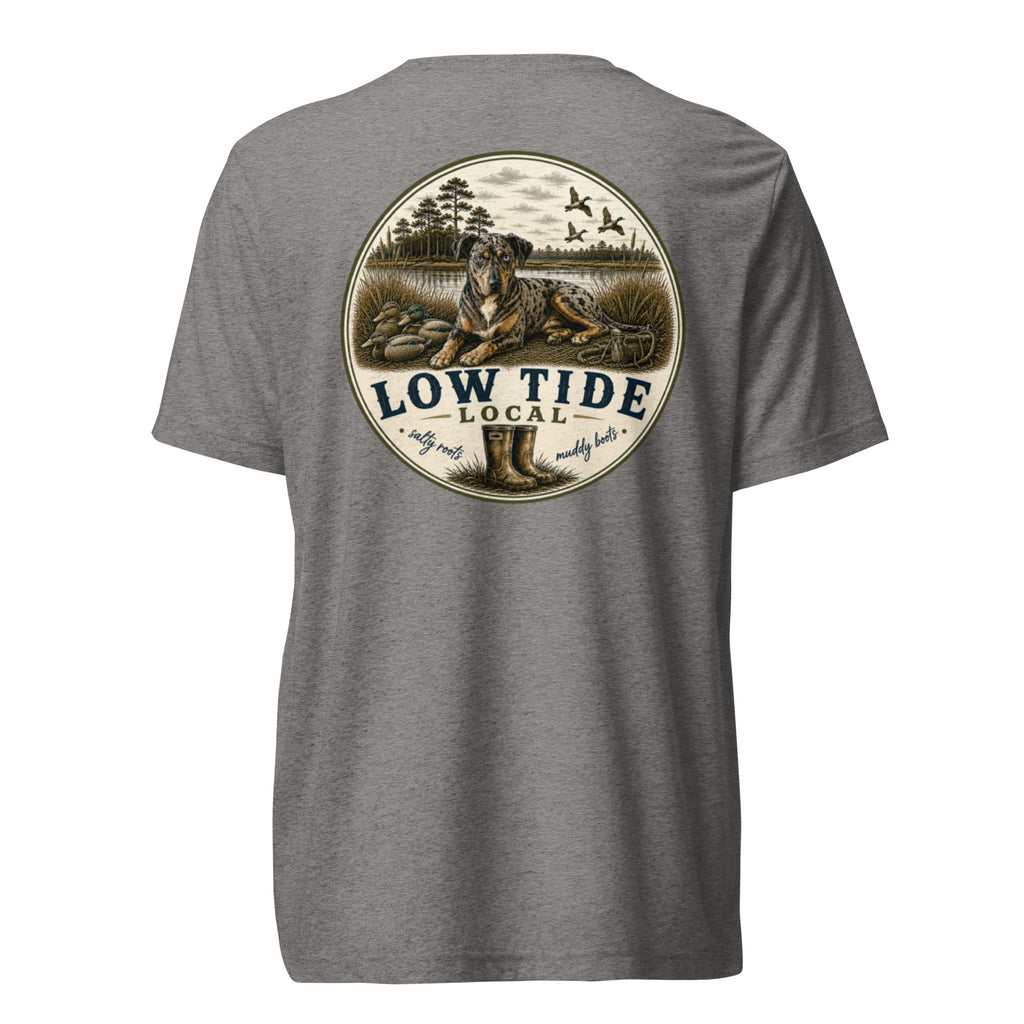 Low Tide Local Catahoula Tee in Grey triblend — back view