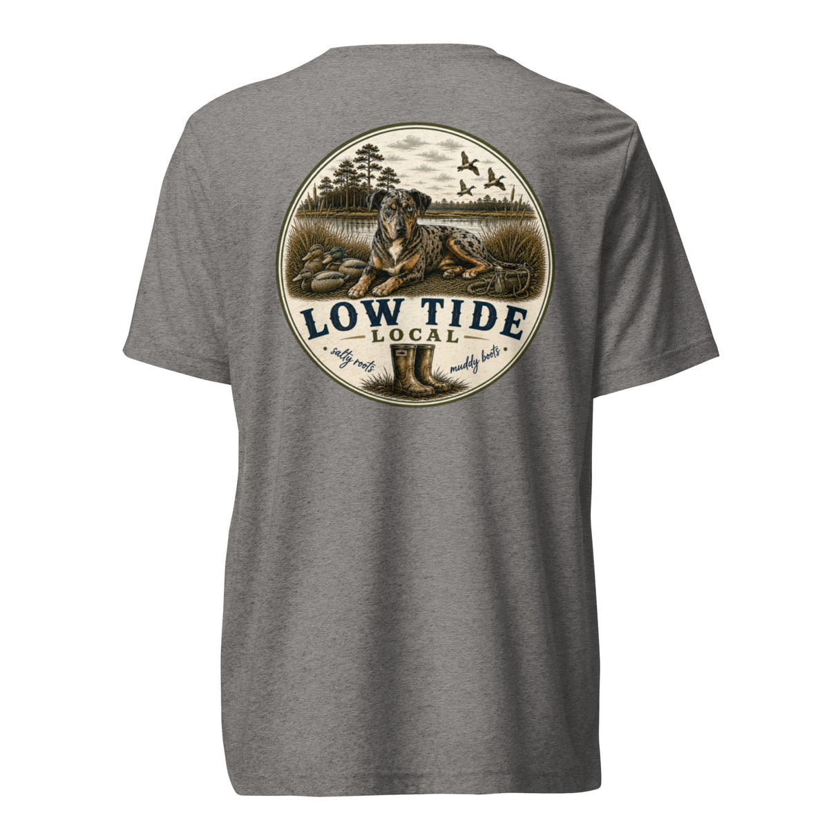 Low Tide Local Catahoula Tee in Grey triblend — back view