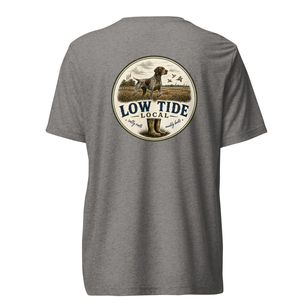 Low Tide Local Shorthair Pointer Tee in Grey triblend — back view