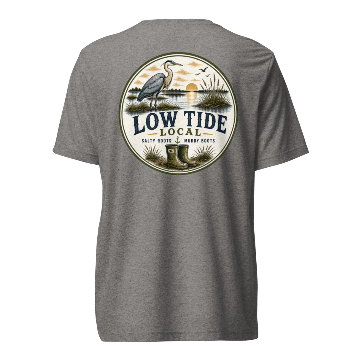 Low Tide Local Heron Tee in Grey triblend — back view