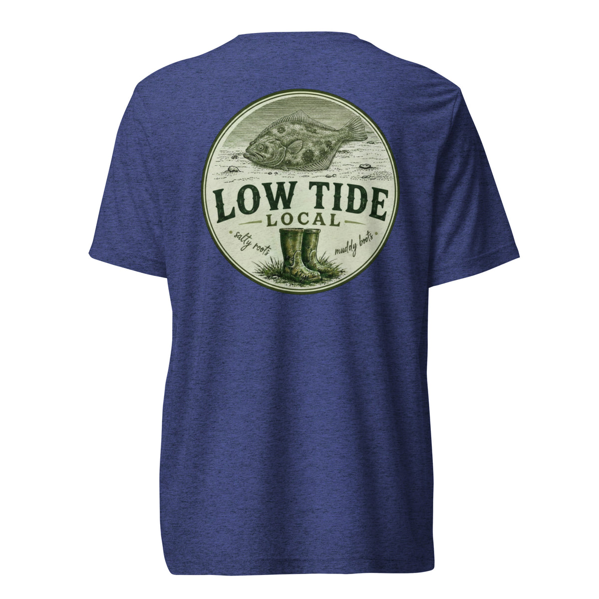 Low Tide Local Coastal Flounder Tee in Navy triblend — back view