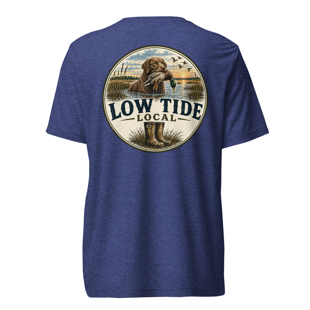 Low Tide Local Boykin Watch Tee in Navy triblend — back view