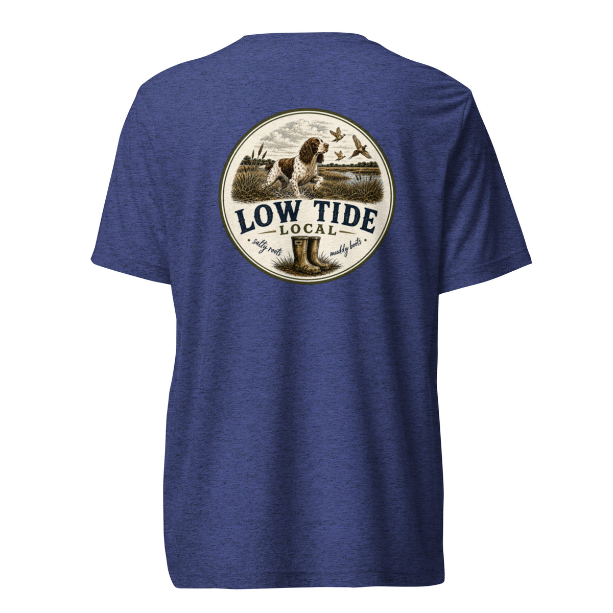 Low Tide Local Springer Flush Tee in Navy triblend — back view