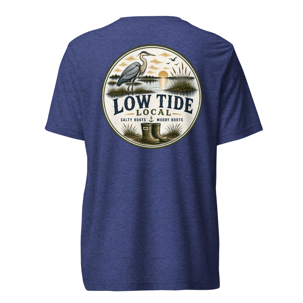 Low Tide Local Heron Tee in Navy triblend — back view