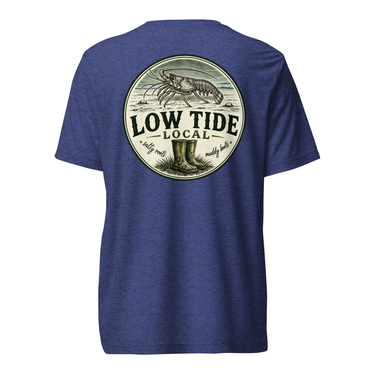 Low Tide Local Spiny Lobster Tee in Navy triblend — back view
