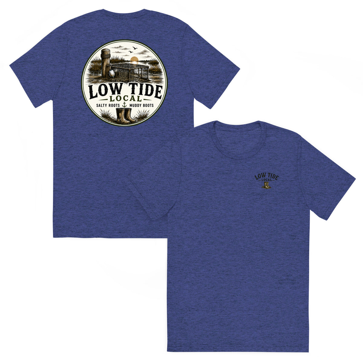 The Low Tide Local Crab Trap Tee in Navy triblend — front and back view