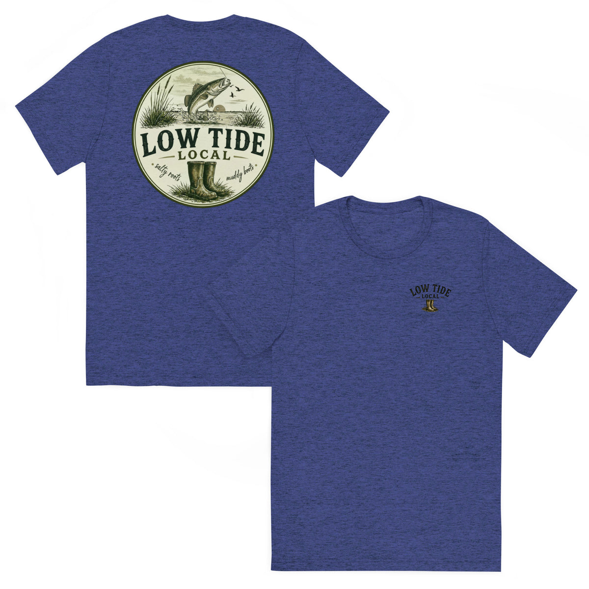 Low Tide Local Speckled Trout Tee in Navy triblend — front and back view