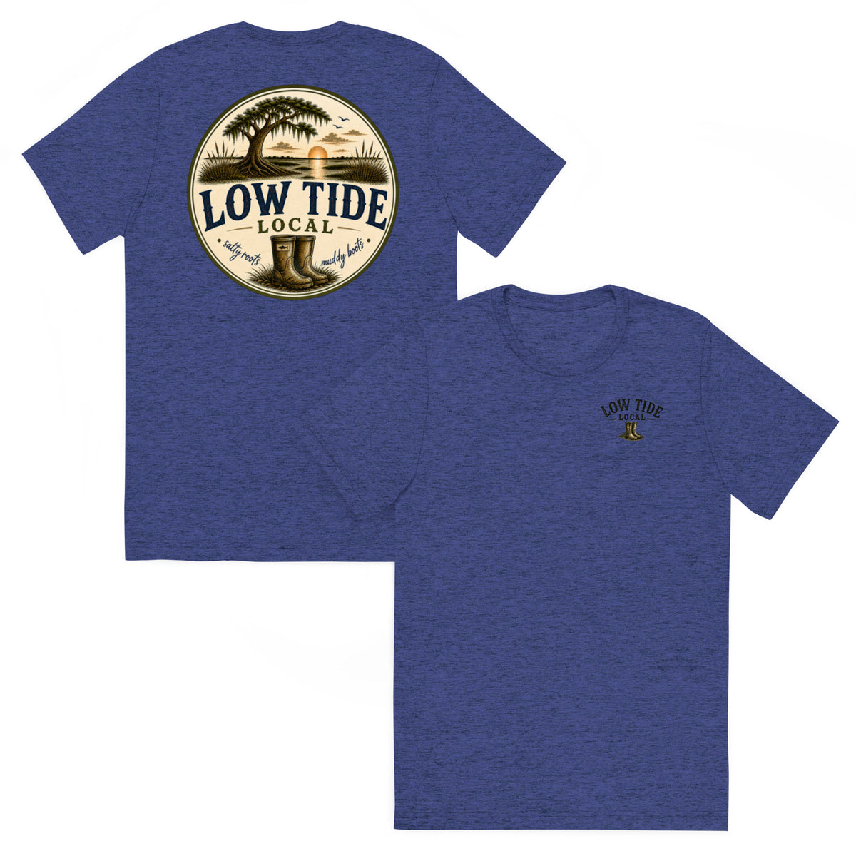 Low Tide Local Live Oak Marsh Tee in Navy triblend — front and back view